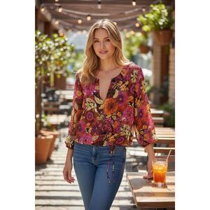 Chico’s 100% Silk Floral Surplice Blouse Size 2 Large Y2K Boho Tie Hem Top